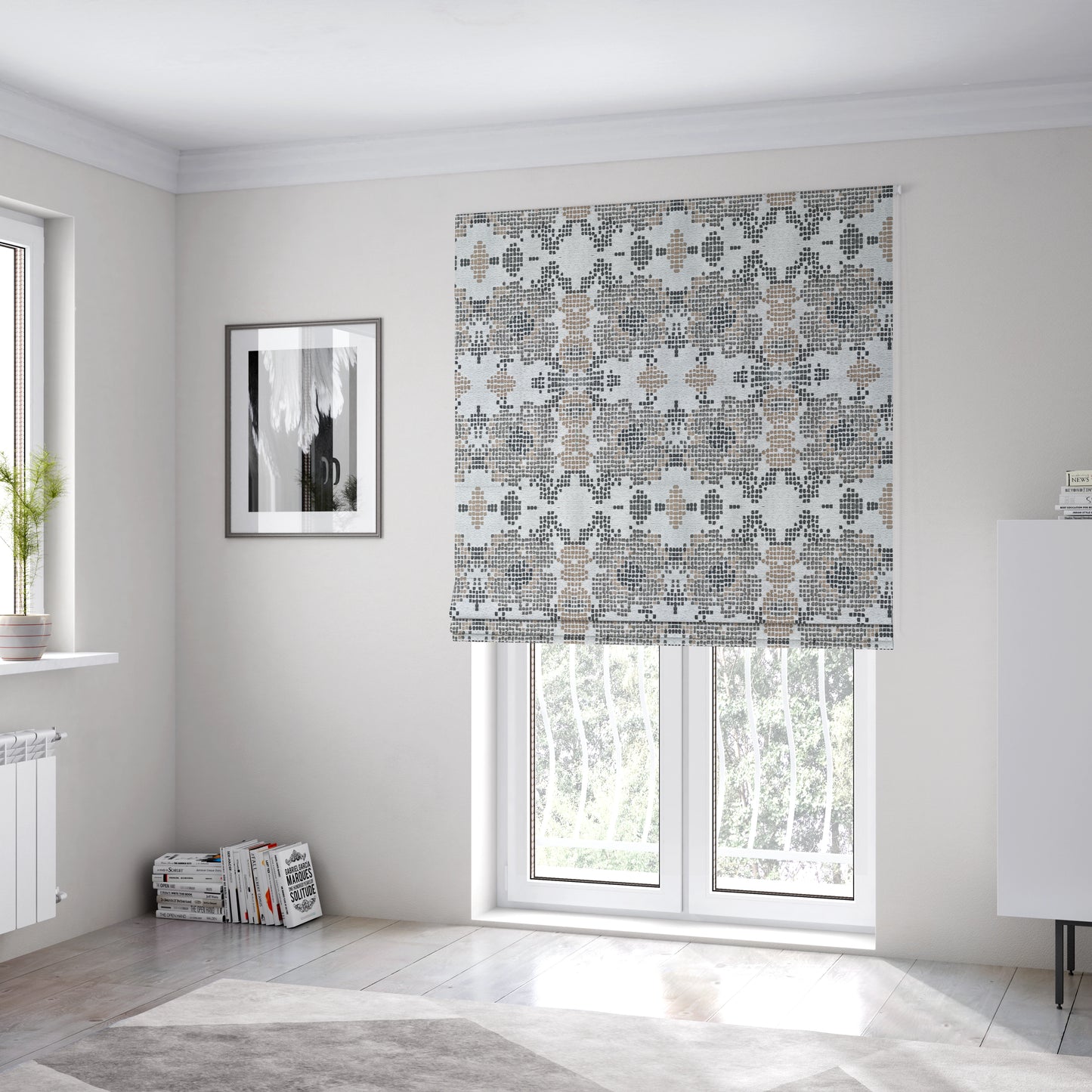 Reminiscence Floral Collection Brown Natural Colours Geometric Pattern Chenille Upholstery Fabric JO-207 - Roman Blinds