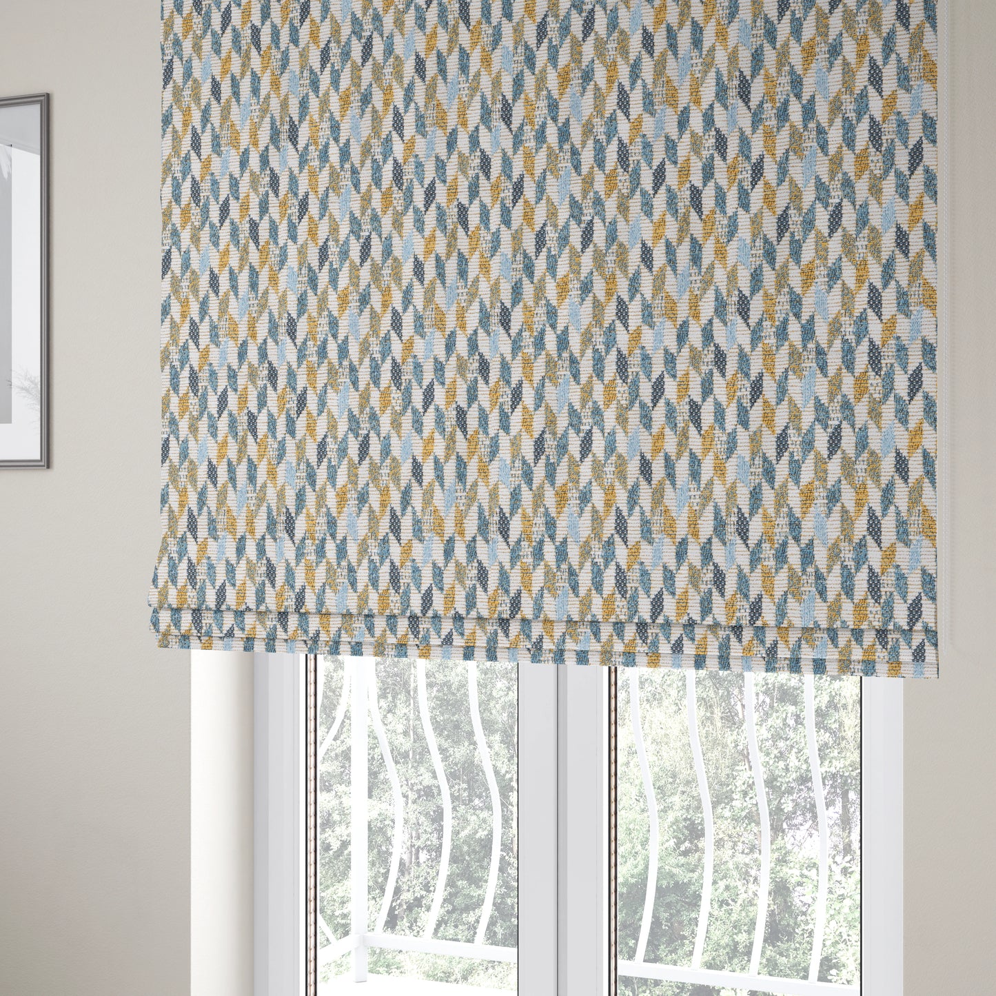 Yellow Blue White Small Geometric Pattern Soft Chenille Upholstery Fabric JO-208 - Roman Blinds