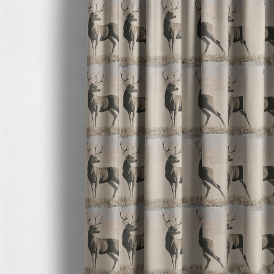 Beige Brown Colour Full Body Stag Animal In Scenery Pattern Soft Chenille Upholstery Fabric JO-209 - Made To Measure Curtains