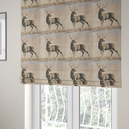 Beige Brown Colour Full Body Stag Animal In Scenery Pattern Soft Chenille Upholstery Fabric JO-209 - Roman Blinds