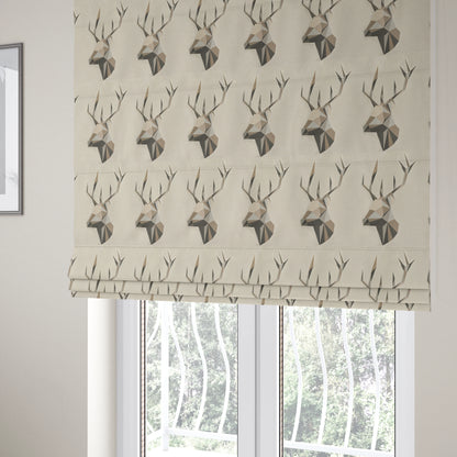 Beige Brown Colour Stag Head Animal In Geometric Pattern Soft Chenille Upholstery Fabric JO-210 - Roman Blinds