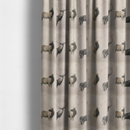 Beige Colour Two Full Stags Animal On Plain Background Pattern Soft Chenille Upholstery Fabric JO-211 - Made To Measure Curtains