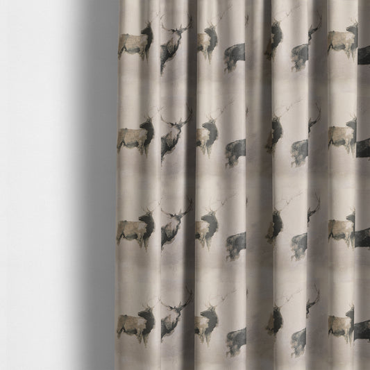 Beige Colour Two Full Stags Animal On Plain Background Pattern Soft Chenille Upholstery Fabric JO-211 - Made To Measure Curtains