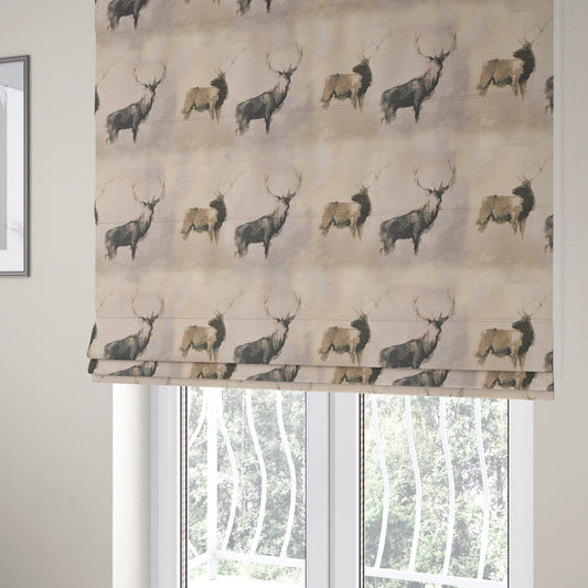 Beige Colour Two Full Stags Animal On Plain Background Pattern Soft Chenille Upholstery Fabric JO-211 - Roman Blinds