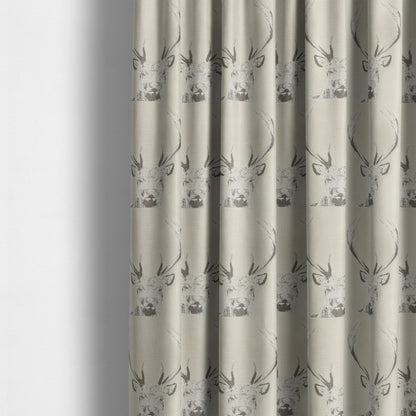 Beige Colour Stag Head Animal On Plain Background Pattern Soft Chenille Upholstery Fabric JO-212 - Made To Measure Curtains