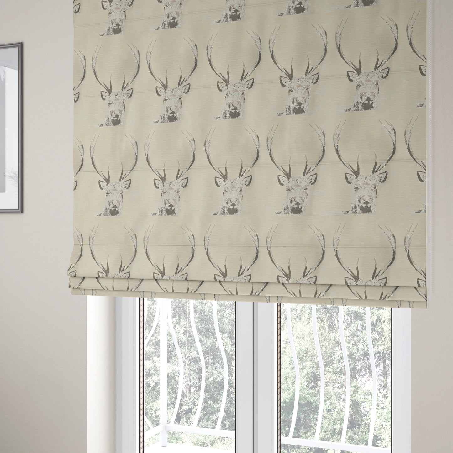 Beige Colour Stag Head Animal On Plain Background Pattern Soft Chenille Upholstery Fabric JO-212 - Roman Blinds