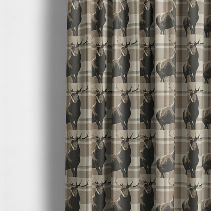 Brown Beige Full Stag Animal On Background Checked Pattern Soft Chenille Upholstery Fabric JO-213 - Made To Measure Curtains