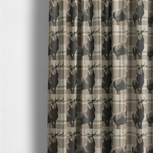 Brown Beige Full Stag Animal On Background Checked Pattern Soft Chenille Upholstery Fabric JO-213 - Made To Measure Curtains