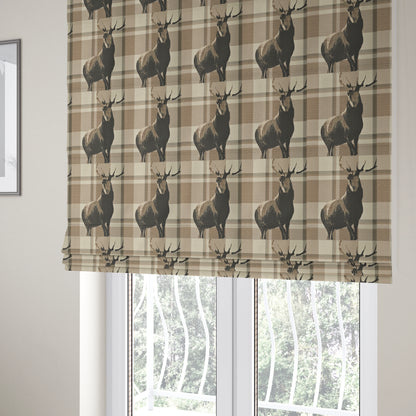 Brown Beige Full Stag Animal On Background Checked Pattern Soft Chenille Upholstery Fabric JO-213 - Roman Blinds