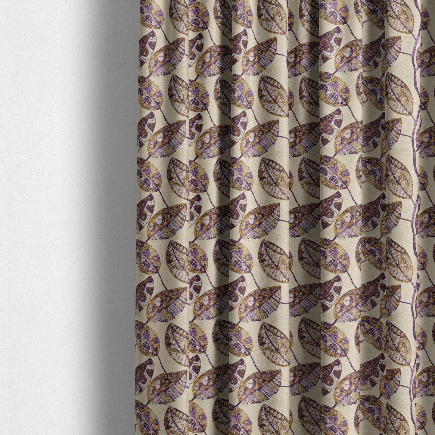 Purple Beige Coloured Floral Inspired Leaf Design Soft Chenille Upholstery Fabric JO-217 - Made To Measure Curtains