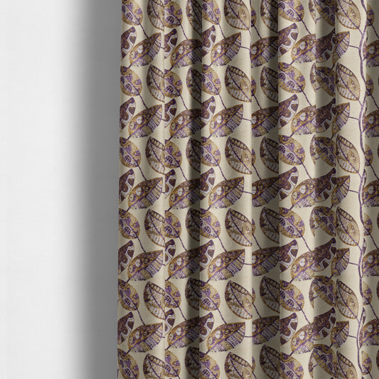 Purple Beige Coloured Floral Inspired Leaf Design Soft Chenille Upholstery Fabric JO-217 - Made To Measure Curtains