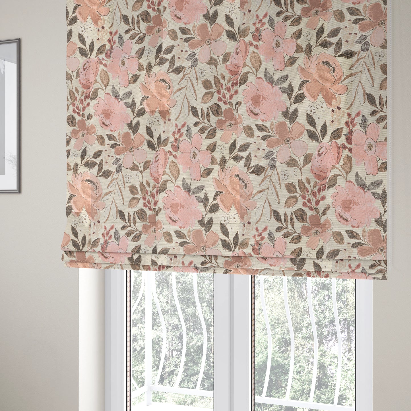 Natural With Pink Floral Theme Design Soft Chenille Upholstery Fabric JO-218 - Made To Measure Curtains