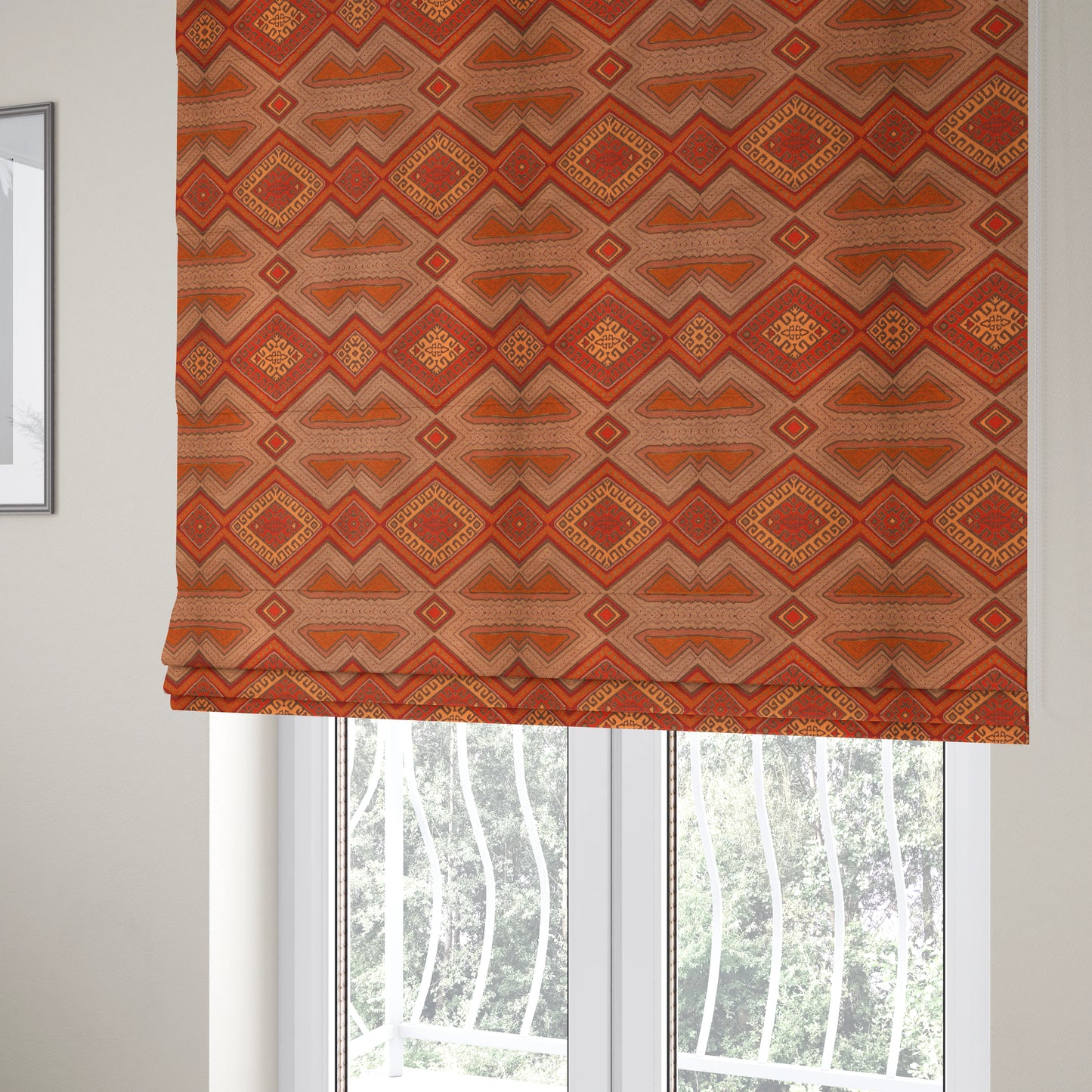 Brown Orange Red Colour Kilim Aztec Geometric Design Soft Chenille Upholstery Fabric JO-219 - Roman Blinds