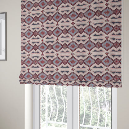 Cream Wine Blue Colour Kilim Aztec Geometric Design Soft Chenille Upholstery Fabric JO-220 - Roman Blinds