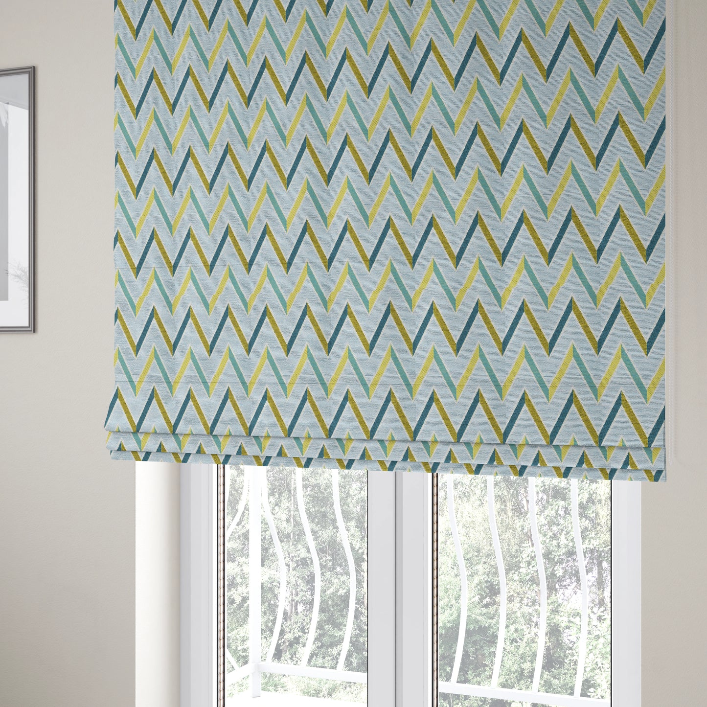 White Teal Green Chevron Stripe Design Soft Chenille Upholstery Fabric JO-221 - Roman Blinds