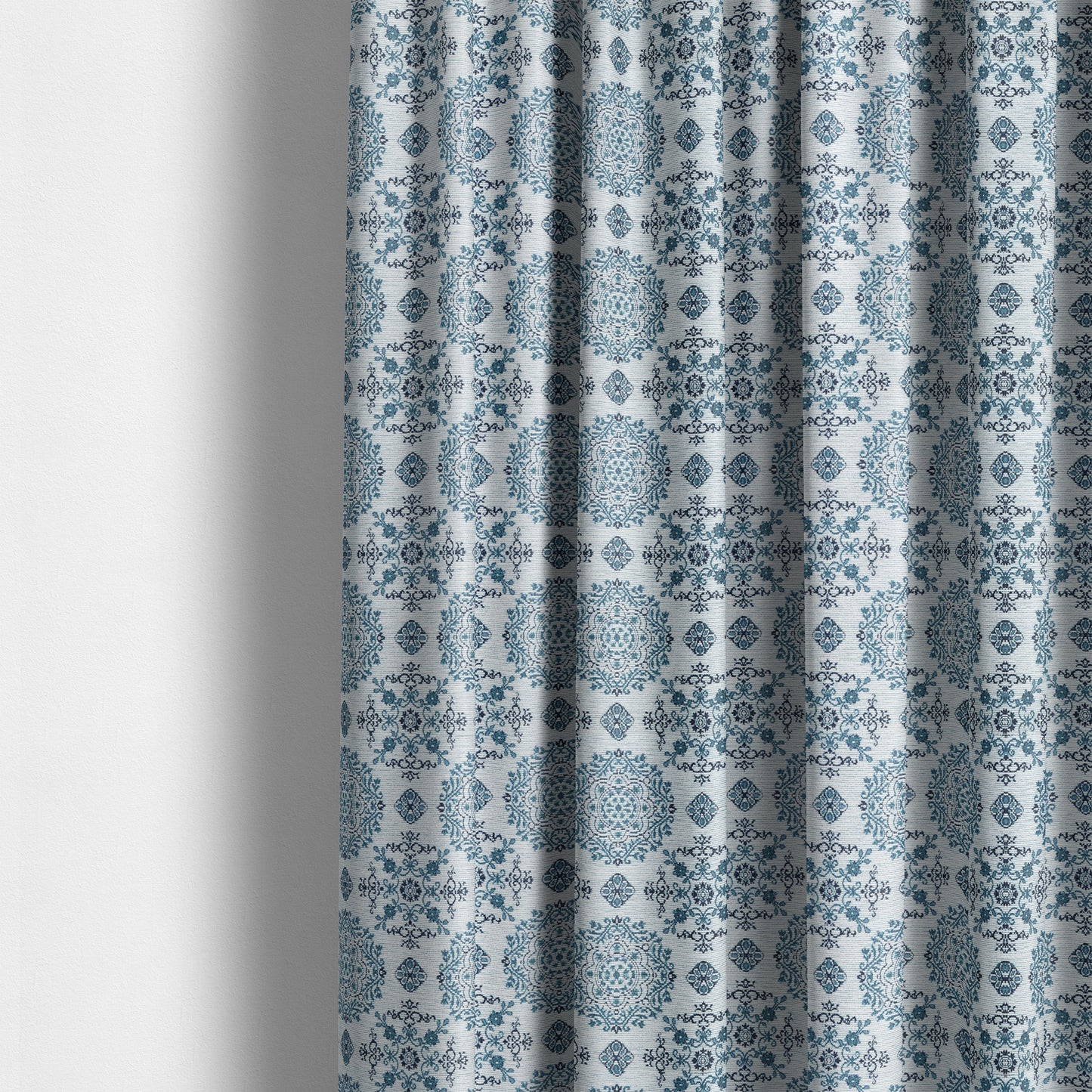 White Blue Medallion Design Soft Chenille Upholstery Fabric JO-224 - Made To Measure Curtains