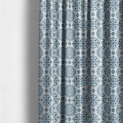 White Blue Medallion Design Soft Chenille Upholstery Fabric JO-224 - Made To Measure Curtains