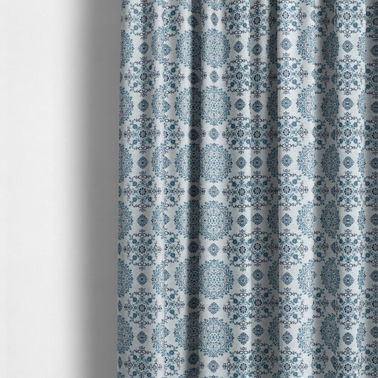 White Blue Medallion Design Soft Chenille Upholstery Fabric JO-224 - Made To Measure Curtains