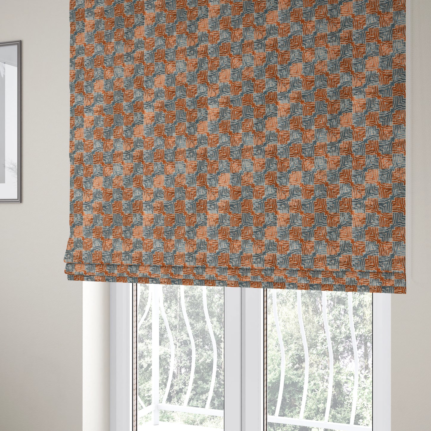 Blue Orange Checker Balanced Design Soft Chenille Upholstery Fabric JO-226 - Roman Blinds