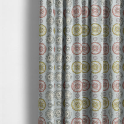 Light Blue Yellow Pink Coloured Round Medallion Inspired Design Soft Chenille Upholstery Fabric JO-227 - Made To Measure Curtains