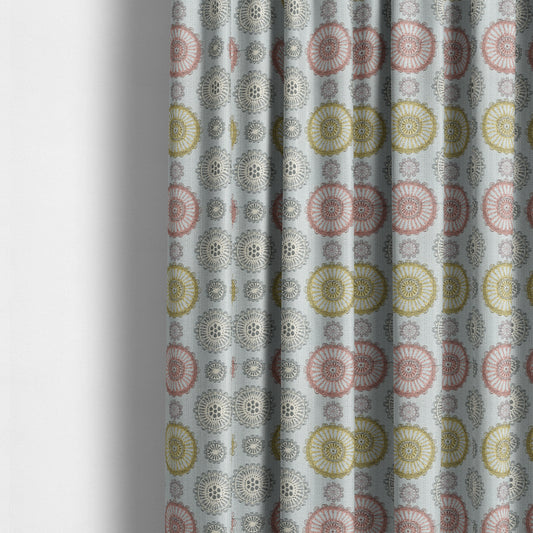 Light Blue Yellow Pink Coloured Round Medallion Inspired Design Soft Chenille Upholstery Fabric JO-227 - Made To Measure Curtains