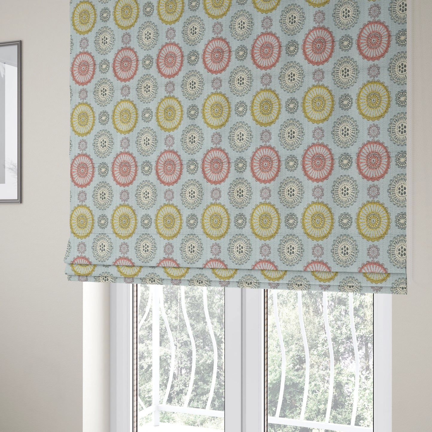 Light Blue Yellow Pink Coloured Round Medallion Inspired Design Soft Chenille Upholstery Fabric JO-227 - Roman Blinds