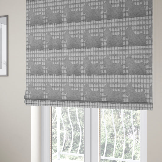 Highland Collection Luxury Soft Like Cotton Scottish Terrier Scottie Dog Animal Design On Checked Grey White Background Chenille Upholstery Fabric JO-233 - Roman Blinds