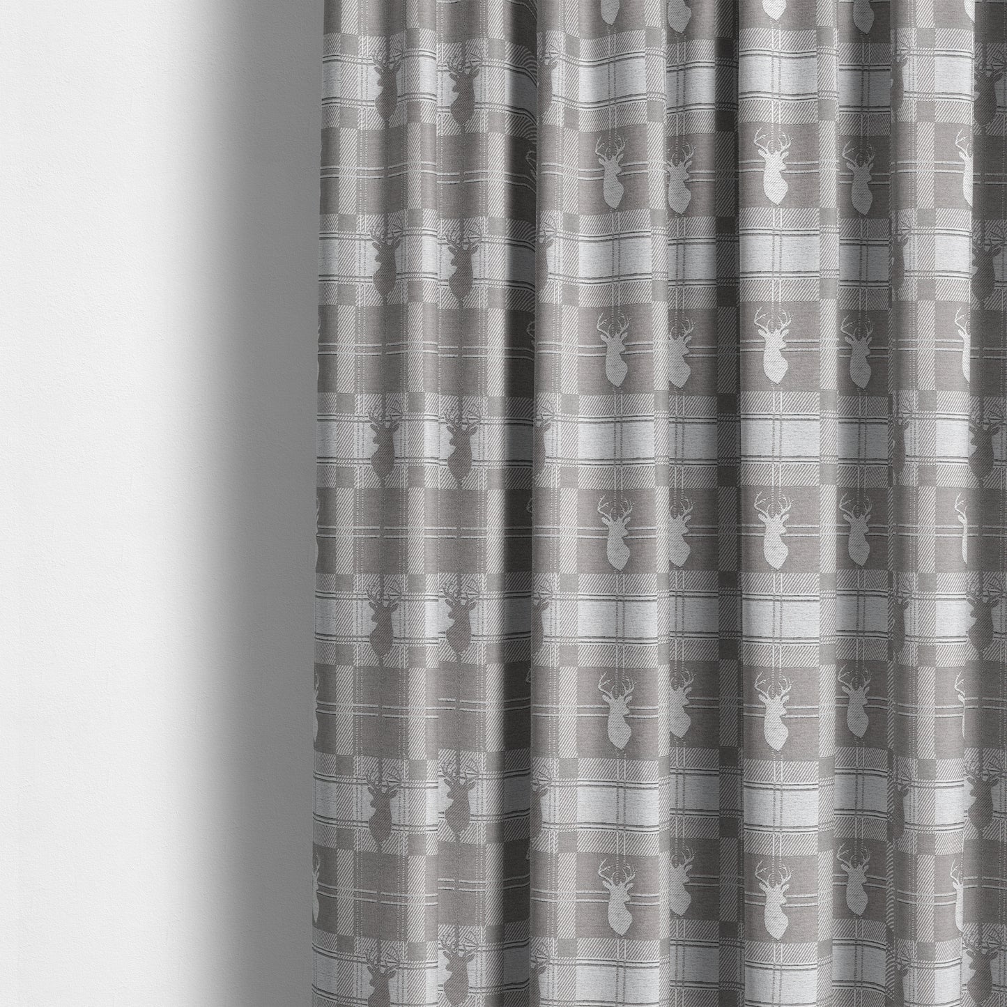 Highland Collection Luxury Soft Like Cotton Feel Stag Deer Head Animal Design On Checked Grey White Background Chenille Upholstery Fabric JO-234 - Made To Measure Curtains