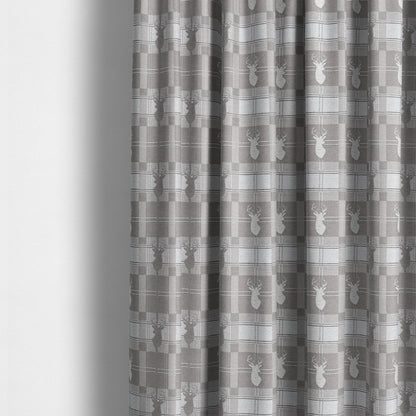 Highland Collection Luxury Soft Like Cotton Feel Stag Deer Head Animal Design On Checked Grey White Background Chenille Upholstery Fabric JO-234 - Made To Measure Curtains