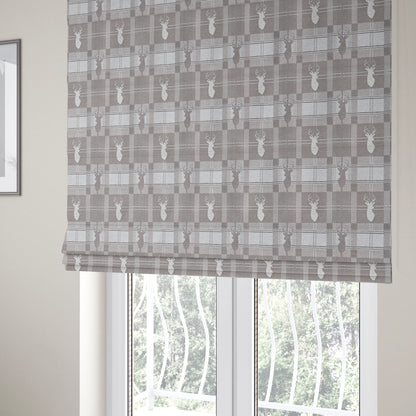 Highland Collection Luxury Soft Like Cotton Feel Stag Deer Head Animal Design On Checked Grey White Background Chenille Upholstery Fabric JO-234 - Roman Blinds