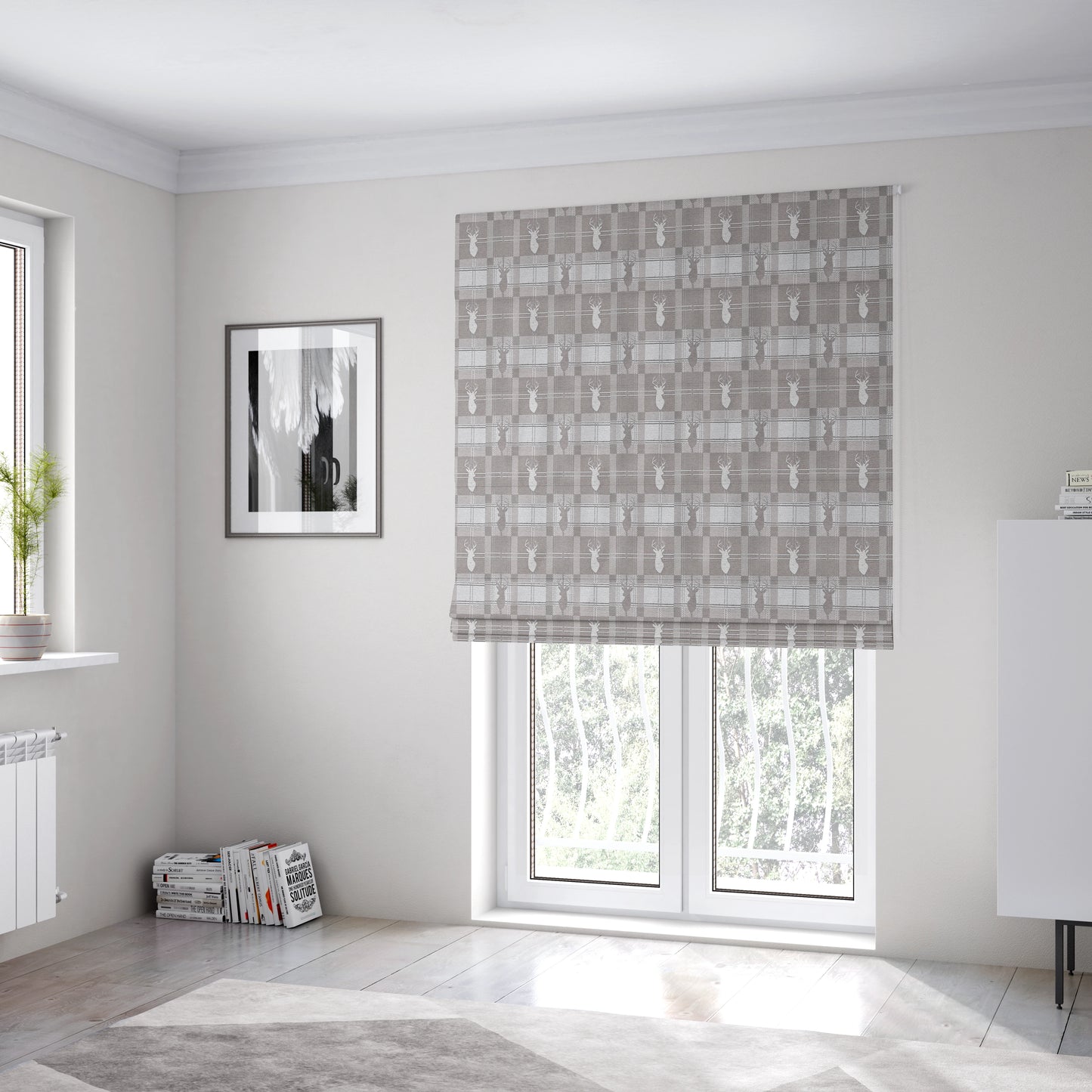 Highland Collection Luxury Soft Like Cotton Feel Stag Deer Head Animal Design On Checked Grey White Background Chenille Upholstery Fabric JO-234 - Roman Blinds