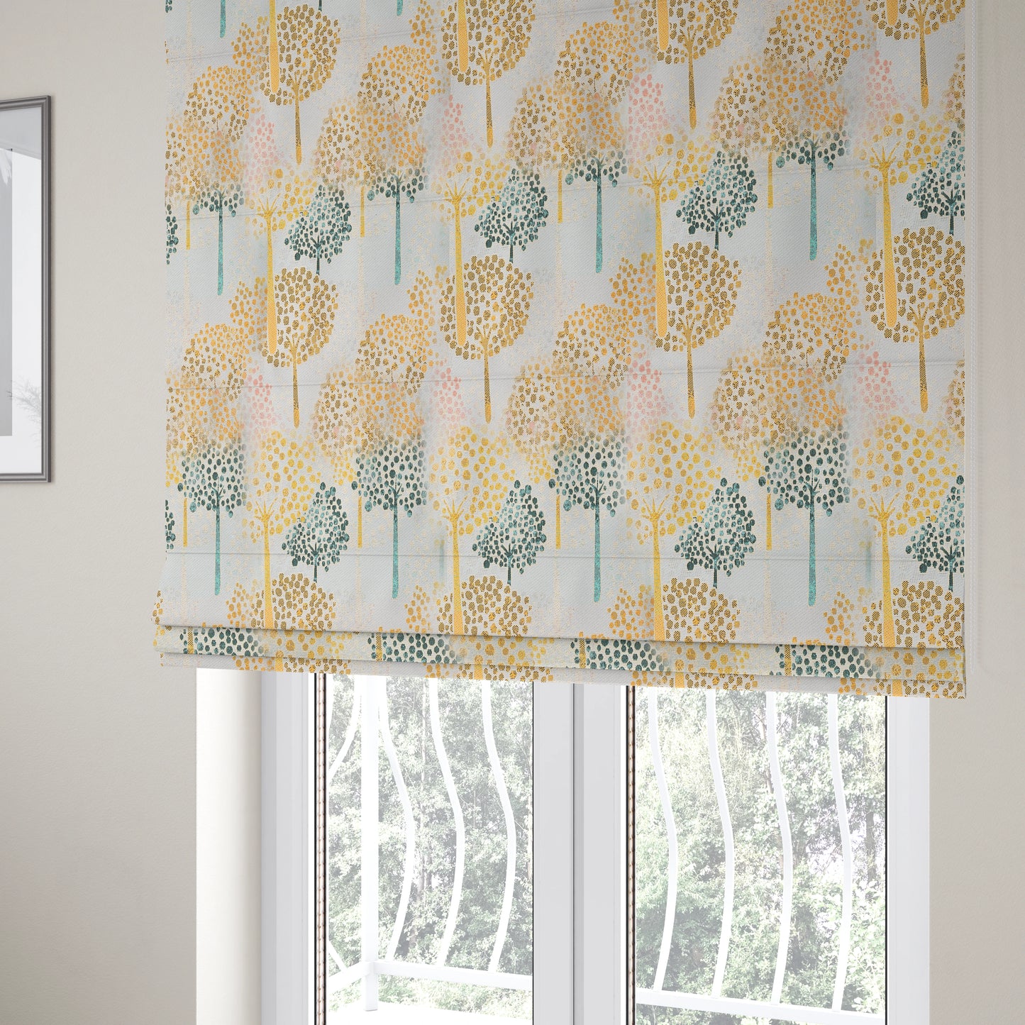 White Yellow Pink Blue Colours Tree Design Soft Chenille Upholstery Fabric JO-235 - Roman Blinds