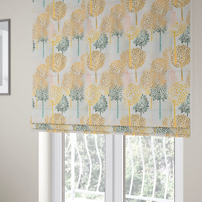 White Yellow Pink Blue Colours Tree Design Soft Chenille Upholstery Fabric JO-235 - Roman Blinds