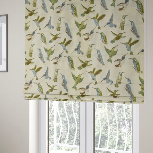 Blue Green Colour Kingfisher Bird Animal Pattern Fabric Chenille Upholstery Fabric JO-242 - Roman Blinds