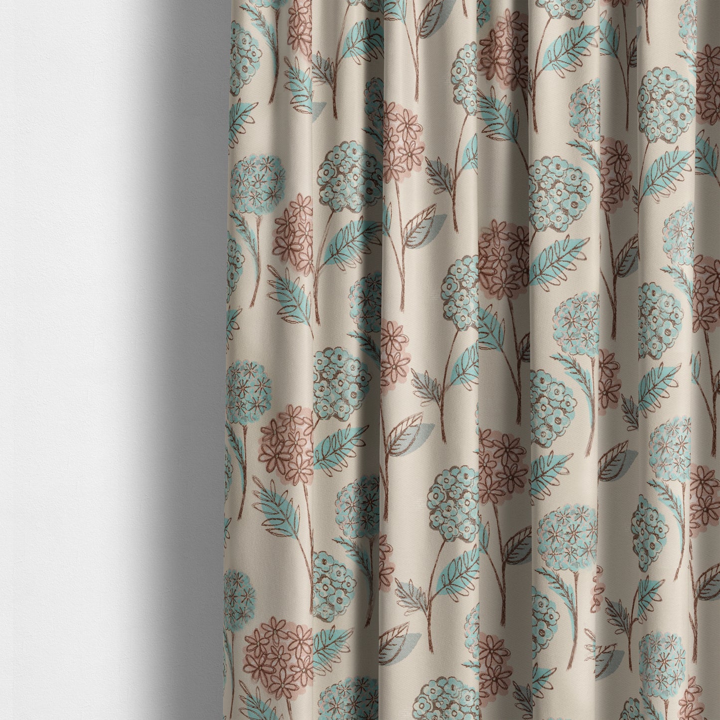 Teal Pink Natural Brown Colours Calico Floral Flower Pattern Chenille Upholstery Fabric JO-243 - Made To Measure Curtains