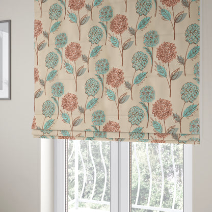 Teal Pink Natural Brown Colours Calico Floral Flower Pattern Chenille Upholstery Fabric JO-243 - Roman Blinds