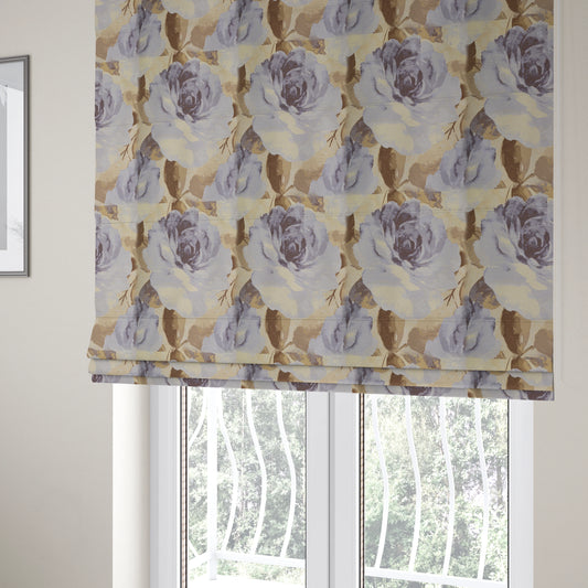 Brown With Purple Colour Blossom Floral Flower Pattern Leaf Chenille Upholstery Fabric JO-244 - Roman Blinds