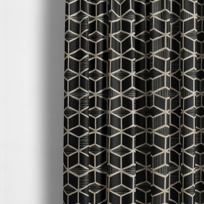 Vegas Black Gold Shiny Geometric Cube Design Soft Chenille Upholstery Fabric JO-246 - Made To Measure Curtains