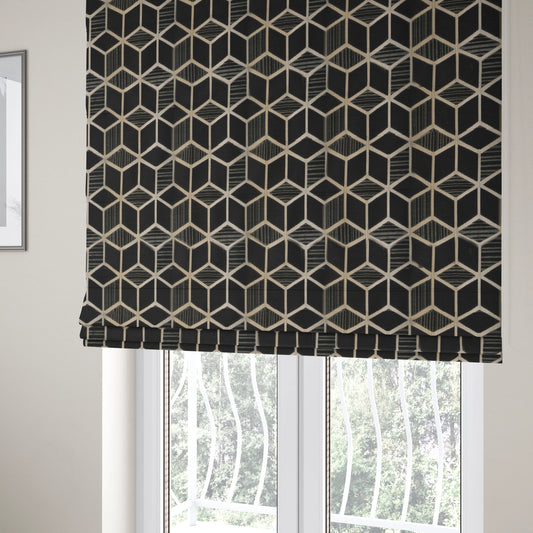 Vegas Black Gold Shiny Geometric Cube Design Soft Chenille Upholstery Fabric JO-246 - Roman Blinds