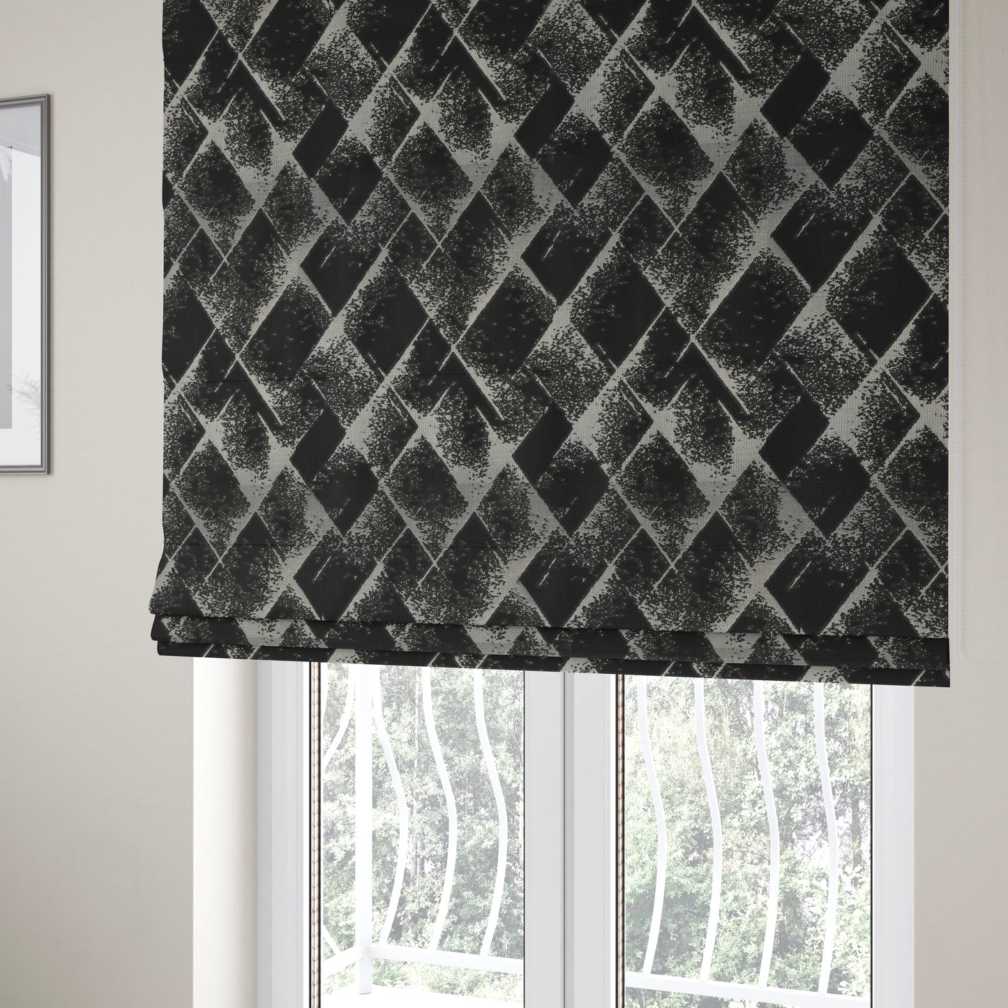 Vegas Black Silver Shiny Geometric Design Soft Chenille Upholstery Fabric JO-247 - Roman Blinds