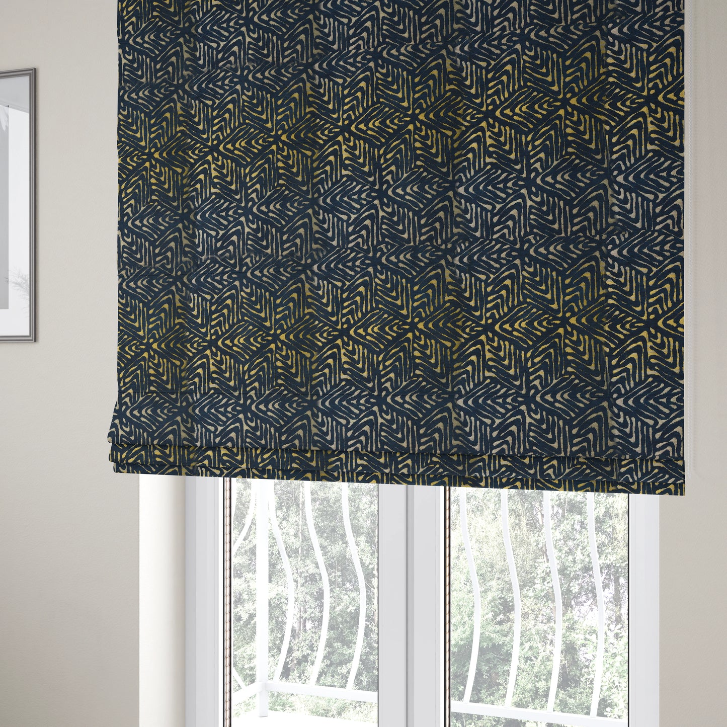 Hollywood Navy Blue Gold Shiny Geometric 3D Chequer Cube Design Soft Chenille Upholstery Fabric JO-248 - Roman Blinds