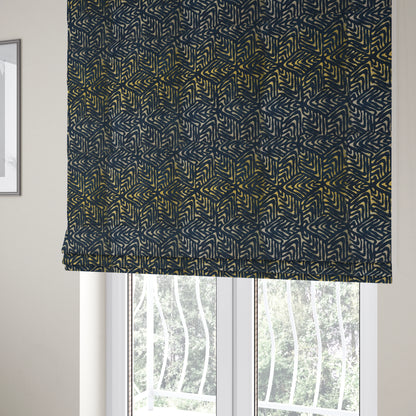 Hollywood Navy Blue Gold Shiny Geometric 3D Chequer Cube Design Soft Chenille Upholstery Fabric JO-248 - Roman Blinds