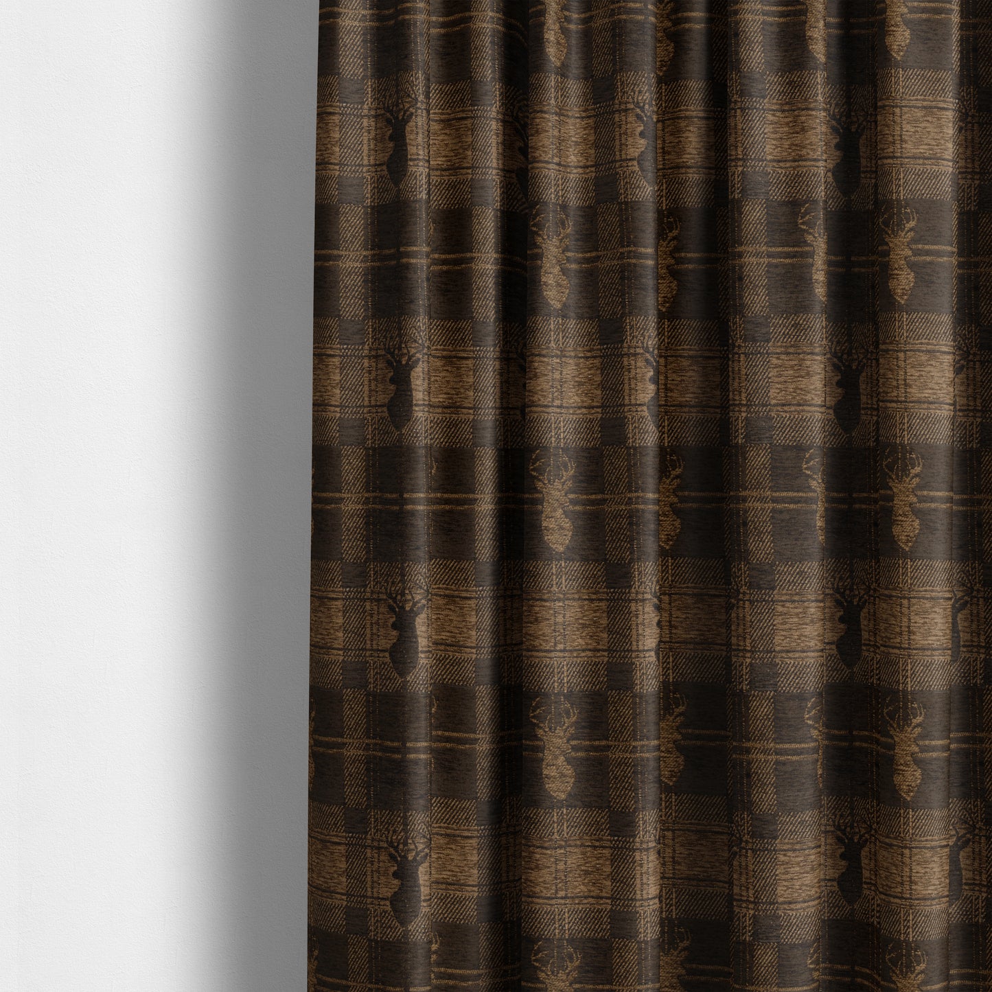 Highland Collection Luxury Soft Like Cotton Feel Stag Deer Head Animal Design On Checked Brown Chocolate Background Chenille Upholstery Fabric JO-25 - Made To Measure Curtains