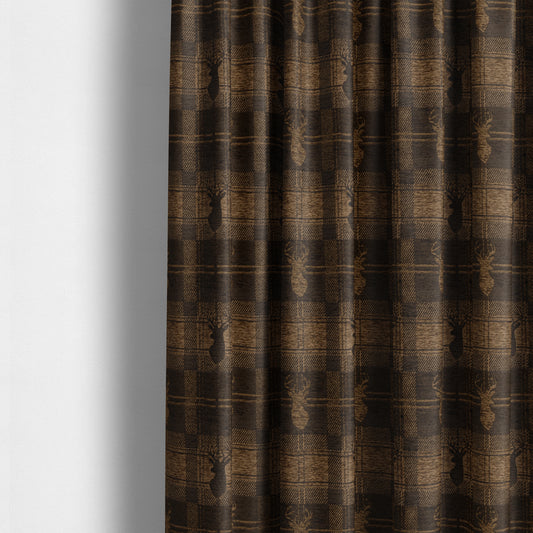 Highland Collection Luxury Soft Like Cotton Feel Stag Deer Head Animal Design On Checked Brown Chocolate Background Chenille Upholstery Fabric JO-25 - Made To Measure Curtains