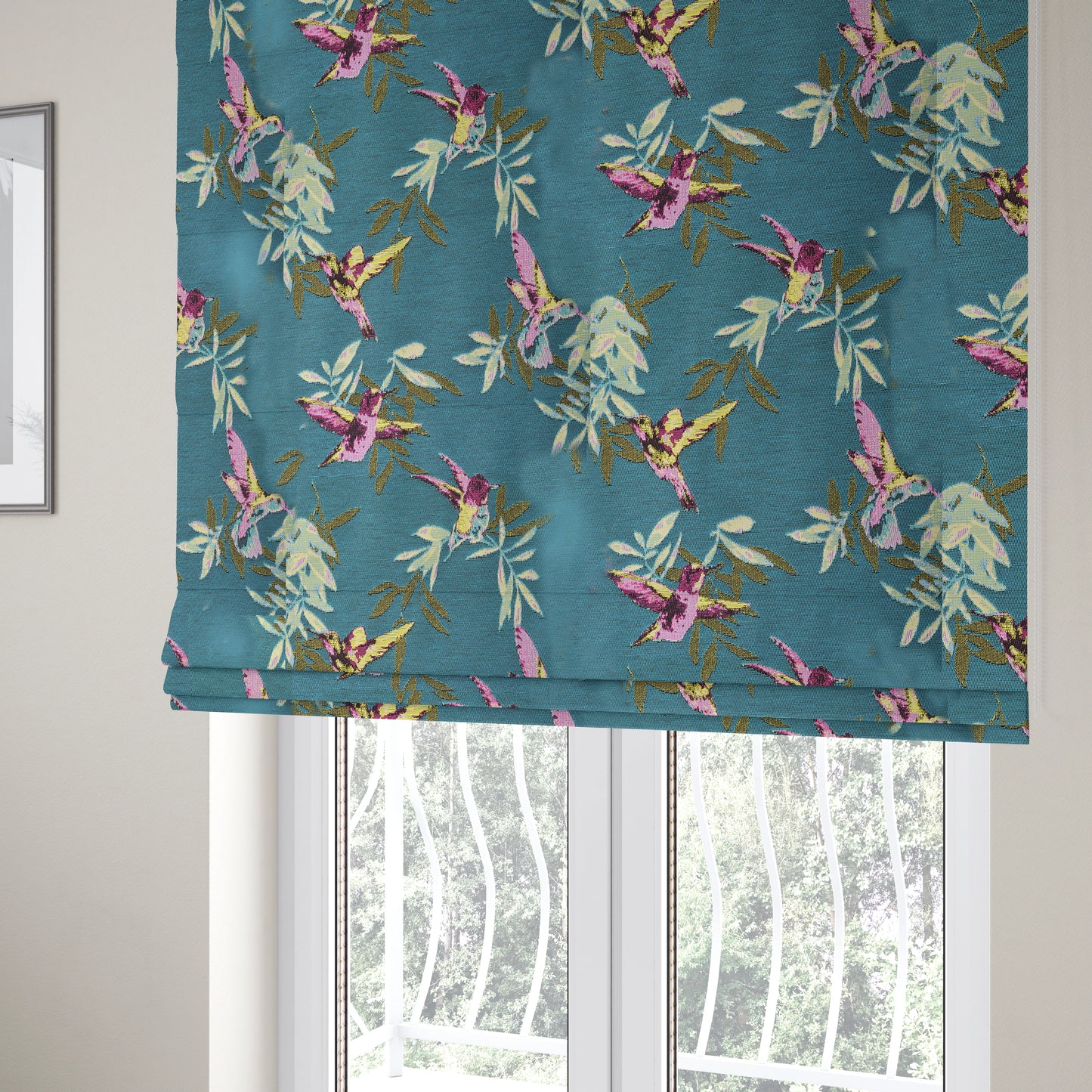 Blue Green Colour Kingfisher Bird Animal Pattern Fabric Chenille Upholstery Fabric JO-259 - Roman Blinds