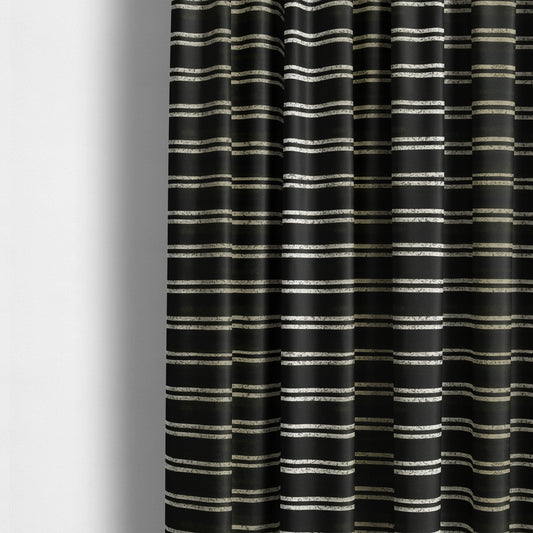 Vegas Railroad Striped Pattern In Black With Gold Soft Chenille Upholstery Fabric JO-28 - Made To Measure Curtains