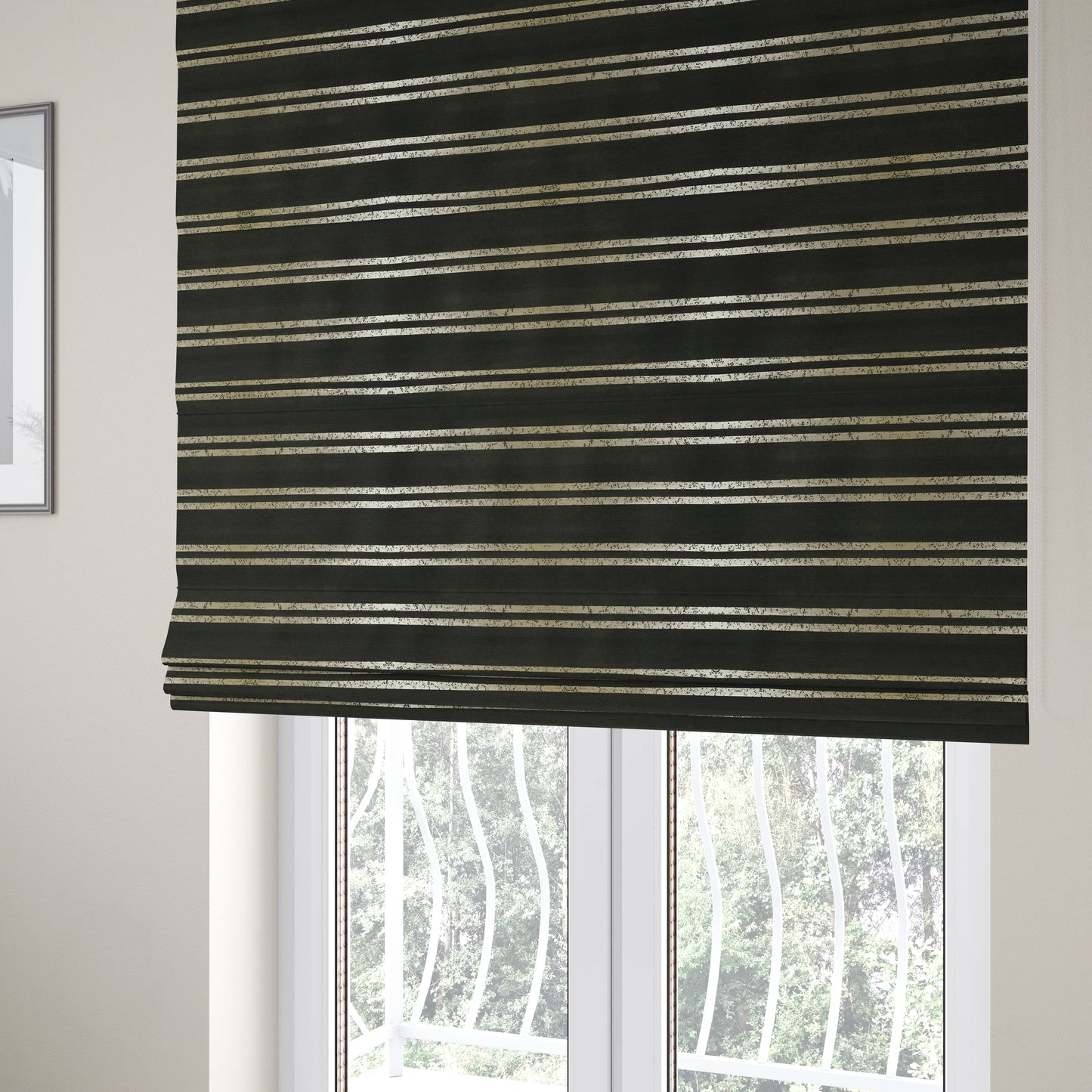 Vegas Railroad Striped Pattern In Black With Gold Soft Chenille Upholstery Fabric JO-28 - Roman Blinds