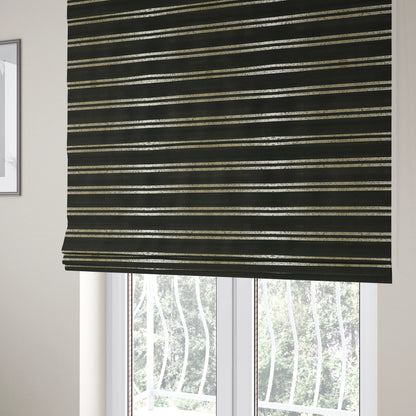 Vegas Railroad Striped Pattern In Black With Gold Soft Chenille Upholstery Fabric JO-28 - Roman Blinds