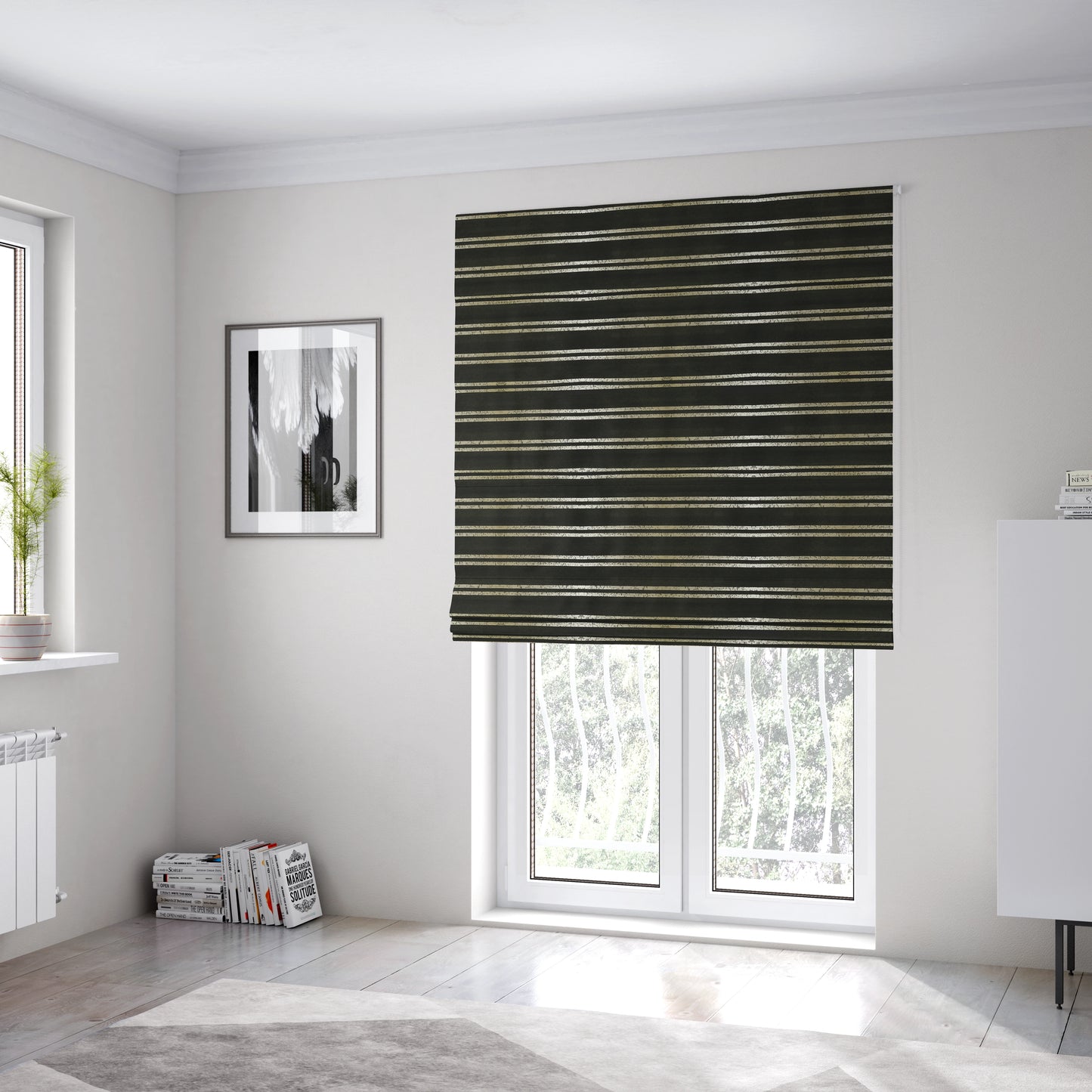 Vegas Railroad Striped Pattern In Black With Gold Soft Chenille Upholstery Fabric JO-28 - Roman Blinds