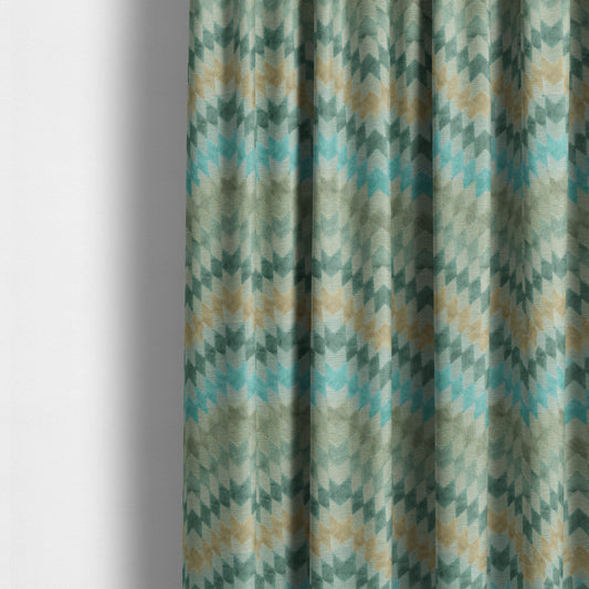 Geometric Kilim Pattern Inspired Cut Velvet Material Teal Beige Coloured Upholstery Fabric JO-281 - Made To Measure Curtains